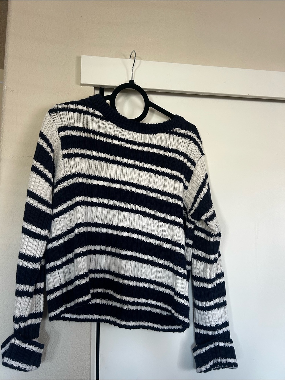 St. John's Bay Navy & White Striped Ribbed Crewneck Sweater